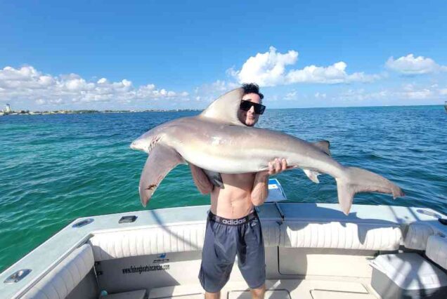 man holding shark caught on sportfishing charter in Cancun Mexico